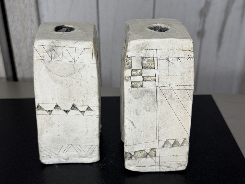 Vintage Abstract Art Carved Candle Holders Set Of 2 Column Artist Made White